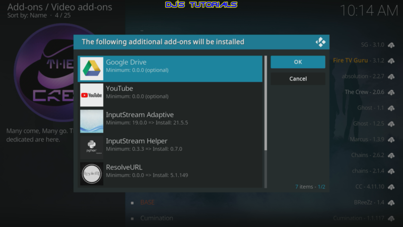 Kodi will then pop-up a message stating “The following additional add-ons will be installed”, Click OK