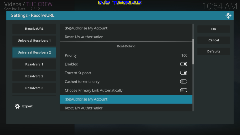 From the Universal Resolvers 2 menu on the left, scroll down and select (Re)Authorize My Account under Real-Debrid.